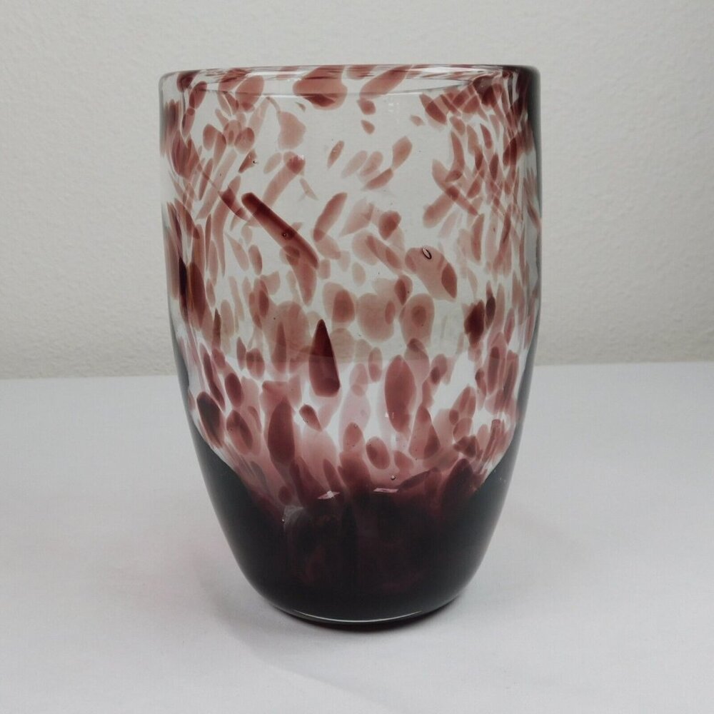 Purple Amethyst Hand Blown Glass Tortoise Shell Spotted Clear 7" MCM Vase Vtg